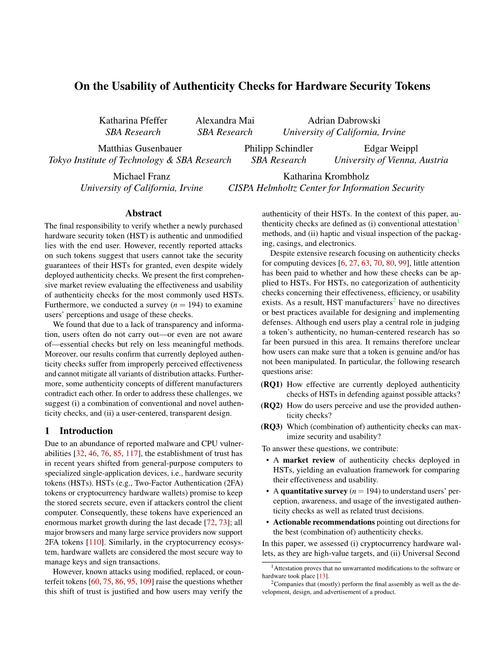 On the Usability of Authenticity Checks for Hardware Security Tokens