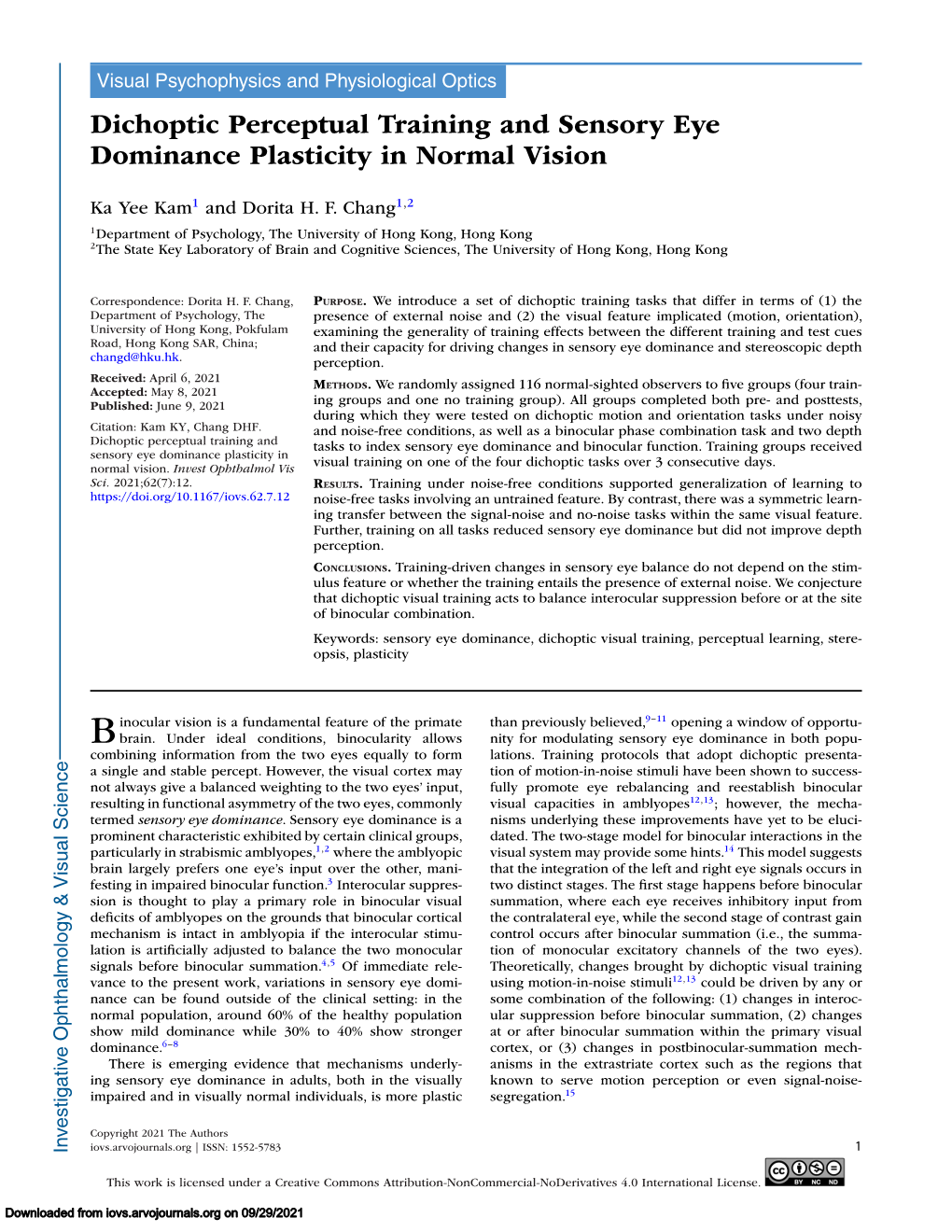 Dichoptic Perceptual Training and Sensory Eye Dominance Plasticity in Normal Vision