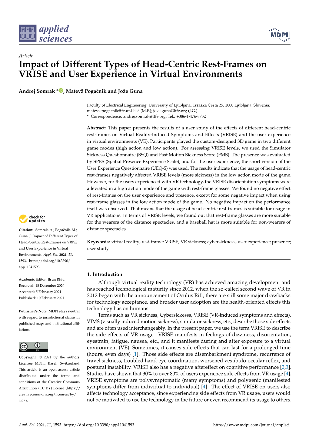 Impact of Different Types of Head-Centric Rest-Frames on VRISE and User Experience in Virtual Environments