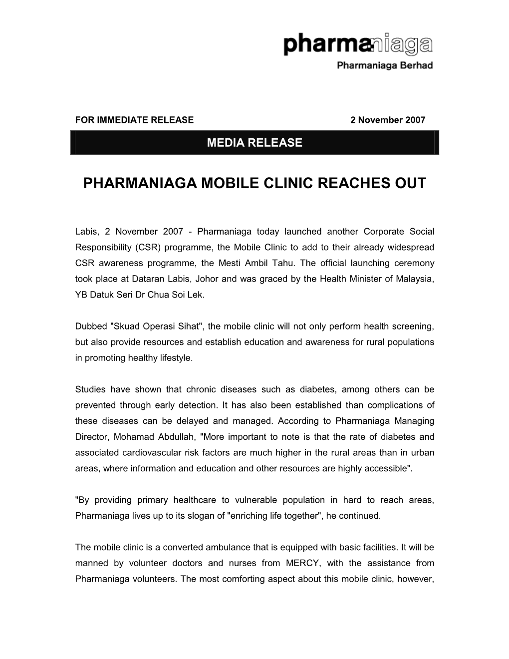 Pharmaniaga Mobile Clinic Reaches Out