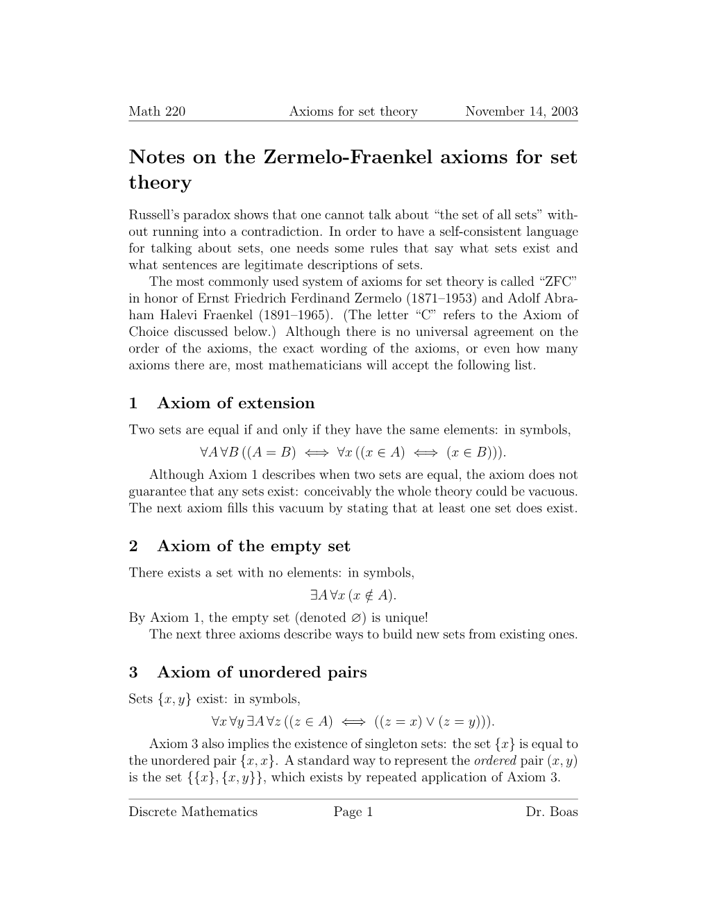 Notes on the Zermelo-Fraenkel Axioms for Set Theory