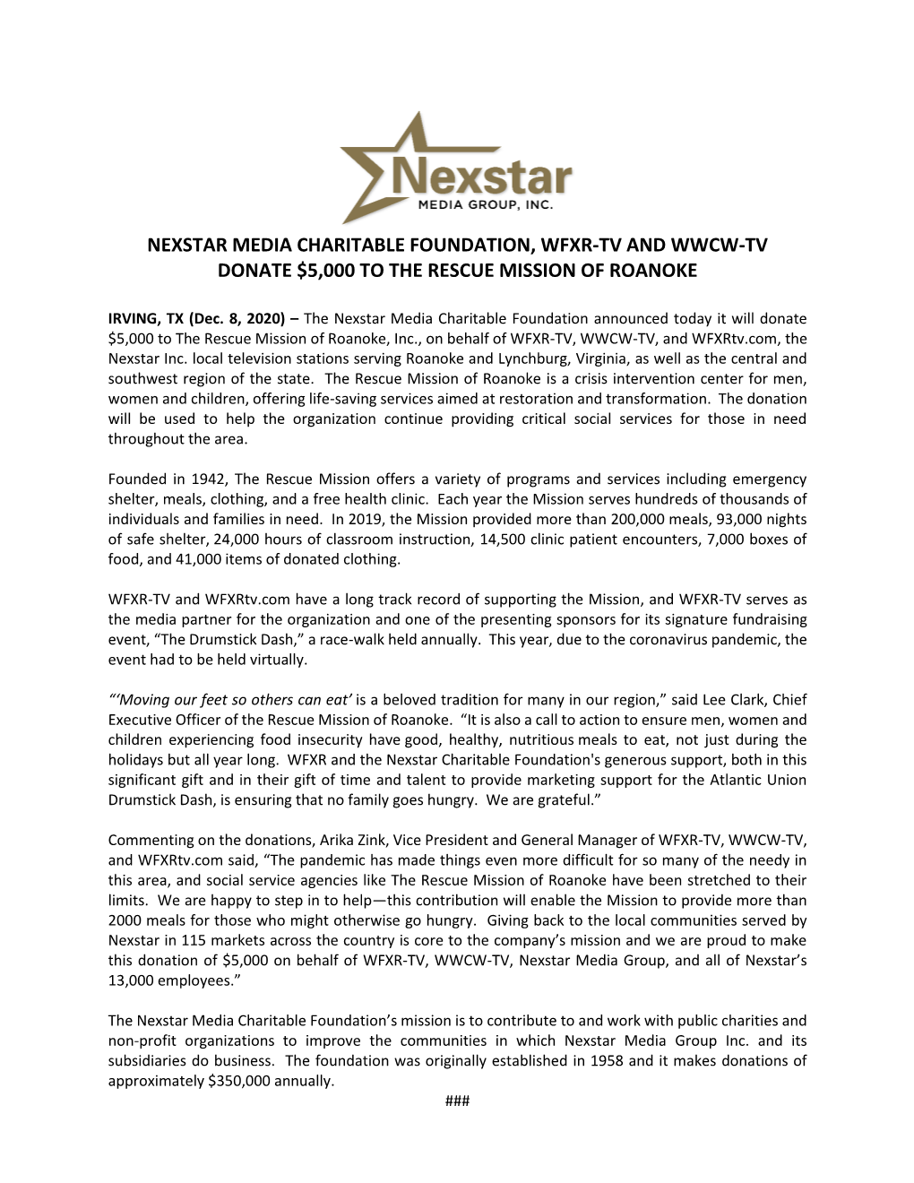 Nexstar Media Charitable Foundation, Wfxr-Tv and Wwcw-Tv Donate $5,000 to the Rescue Mission of Roanoke