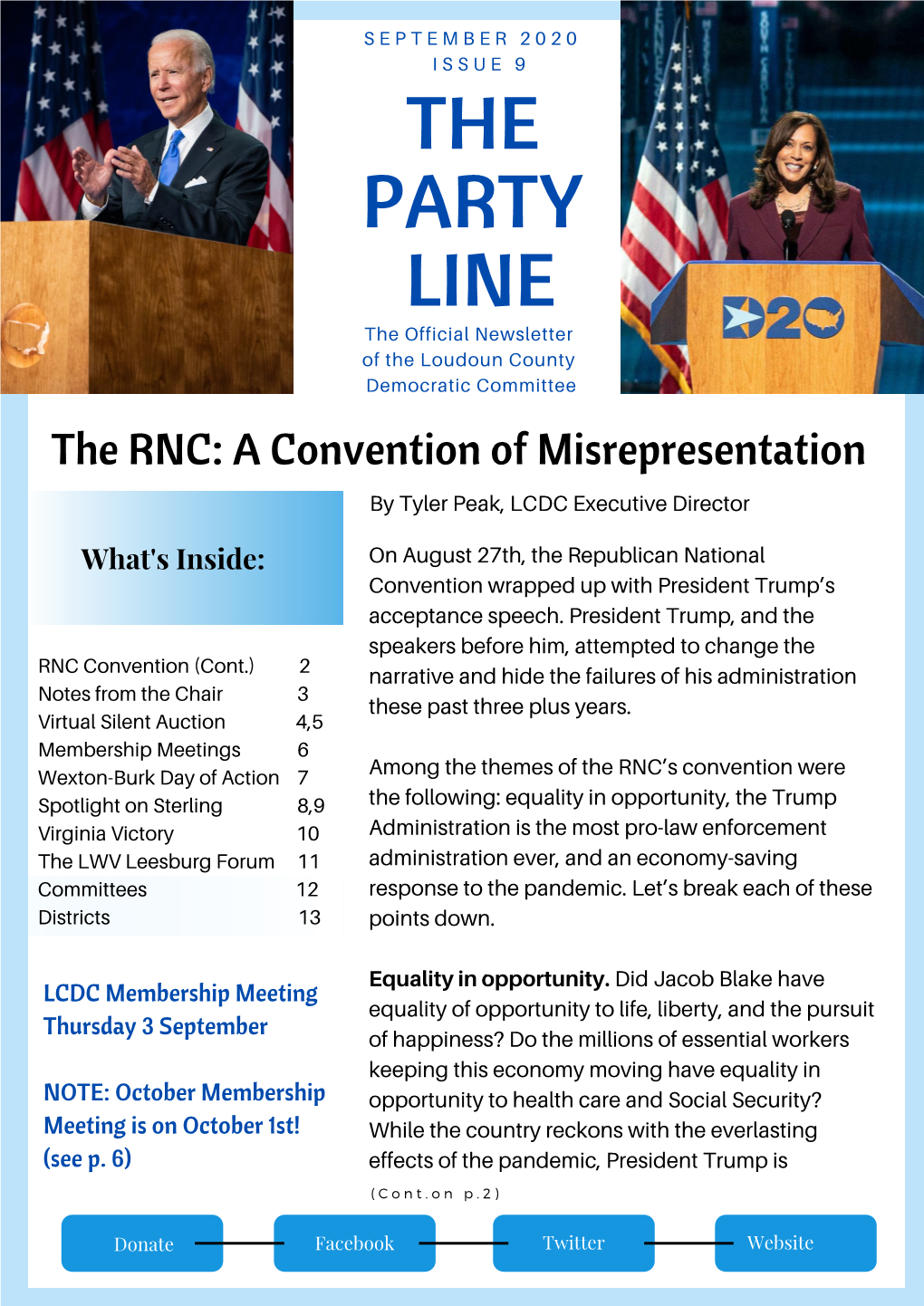 THE PARTY LINE the Official Newsletter of the Loudoun County Democratic Committee the RNC: a Convention of Misrepresentation by Tyler Peak, LCDC Executive Director