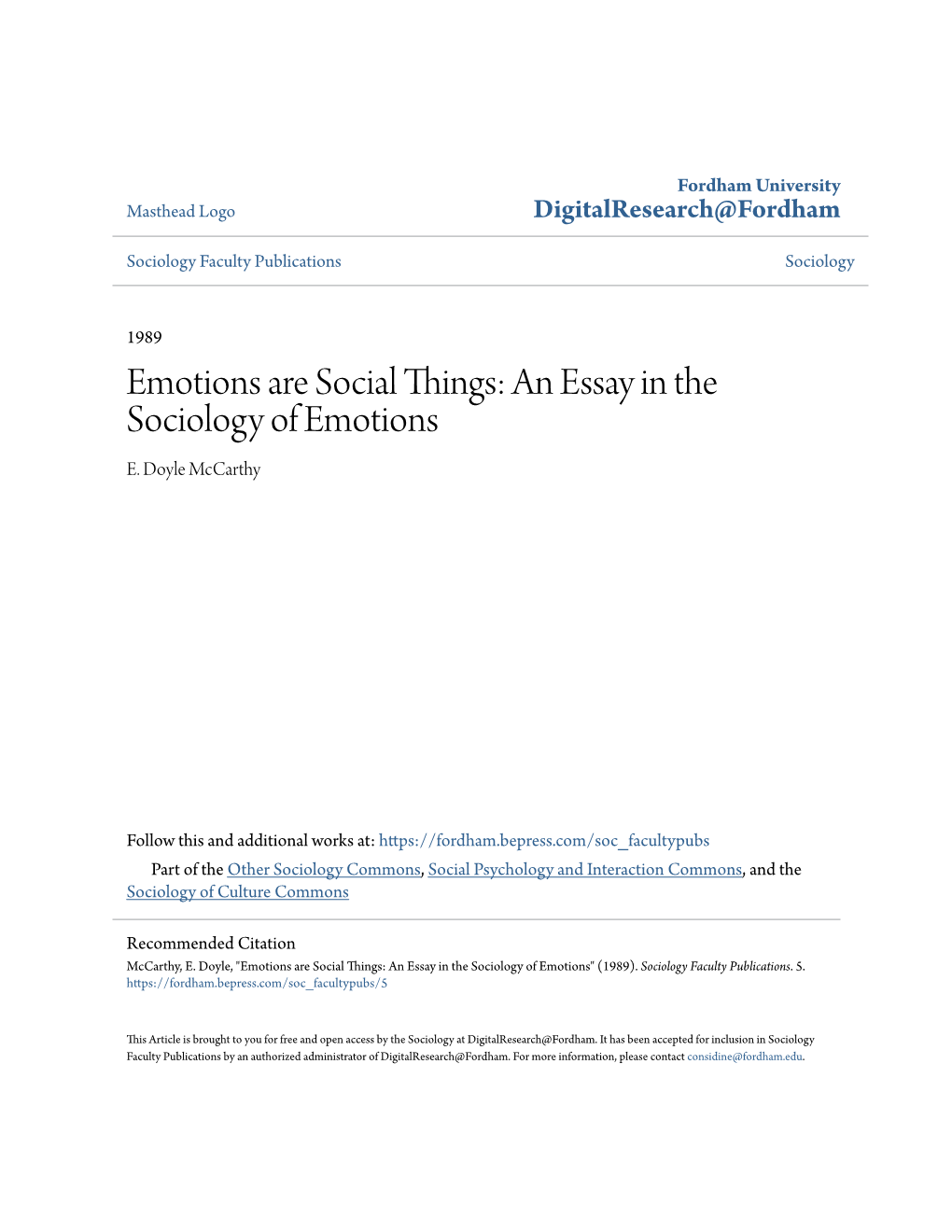 Emotions Are Social Things: an Essay in the Sociology of Emotions E