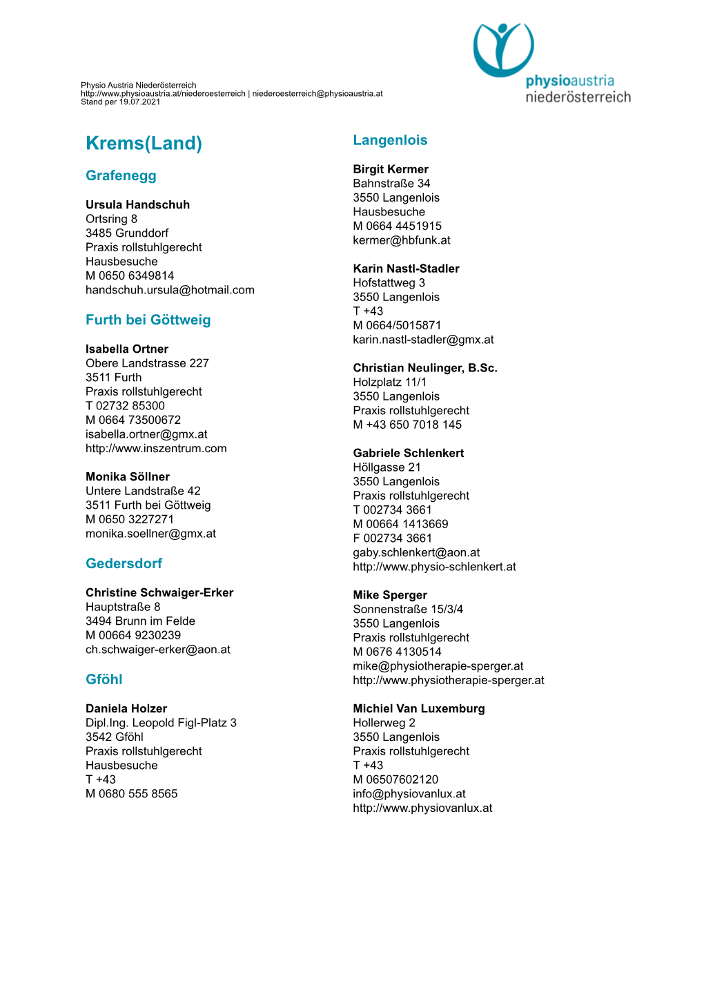 Liste Freiberufliche Physiotherapeutinnen