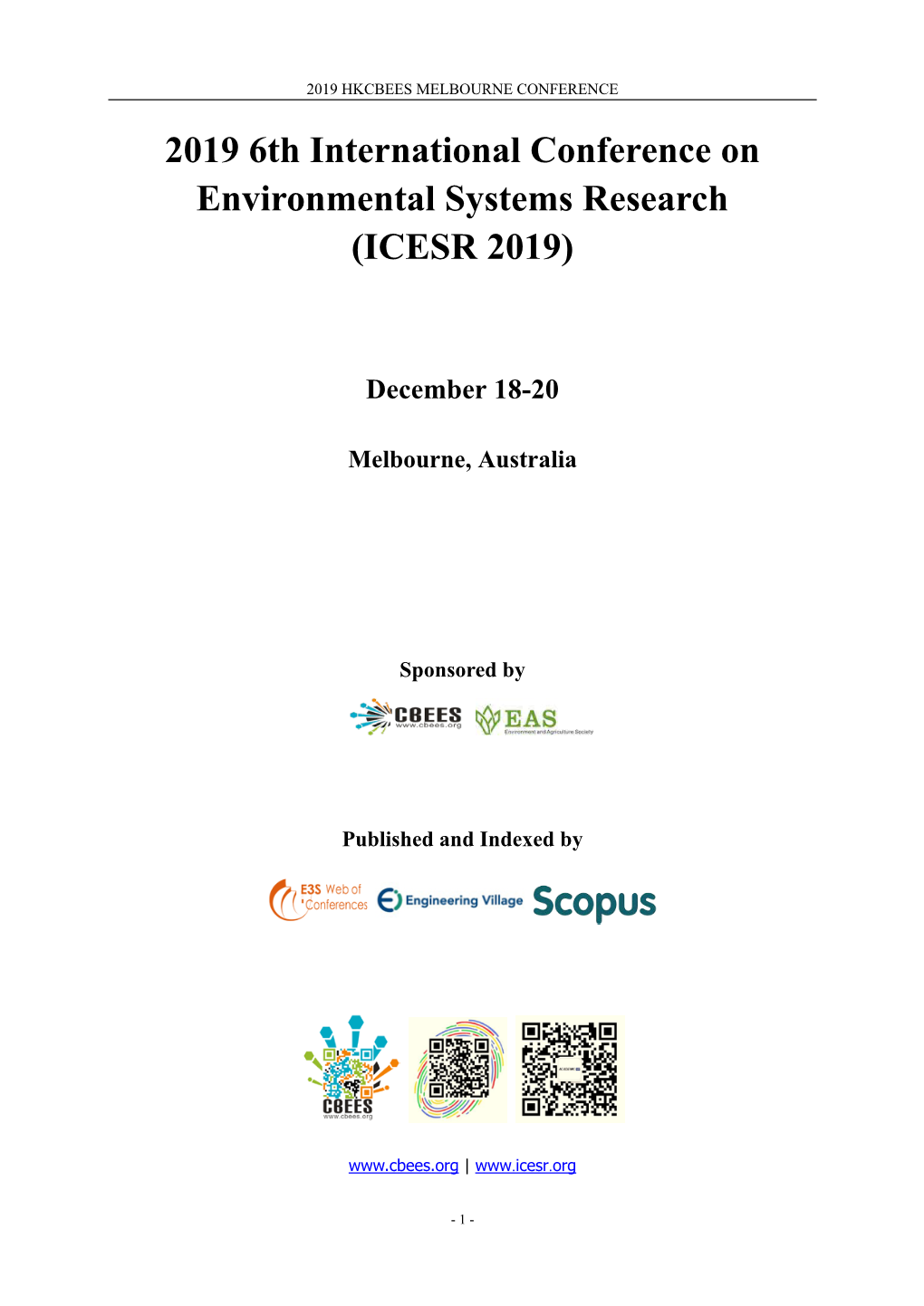 2019 6Th International Conference on Environmental Systems Research (ICESR 2019)