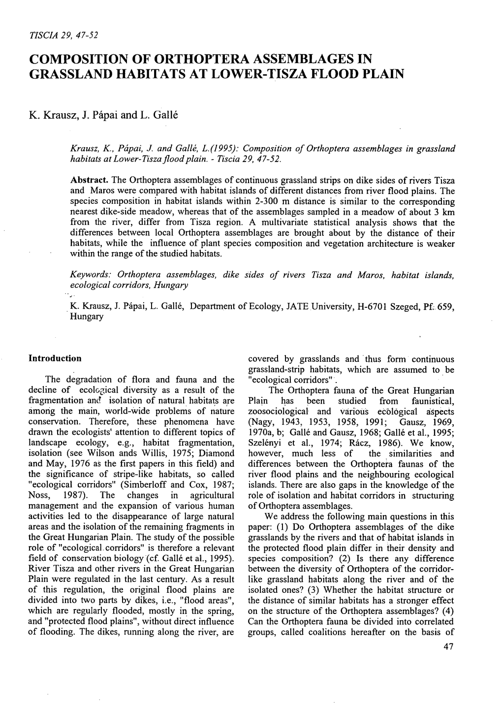 Composition of Orthoptera Assemblages in Grassland Habitats at Lower-Tisza Flood Plain