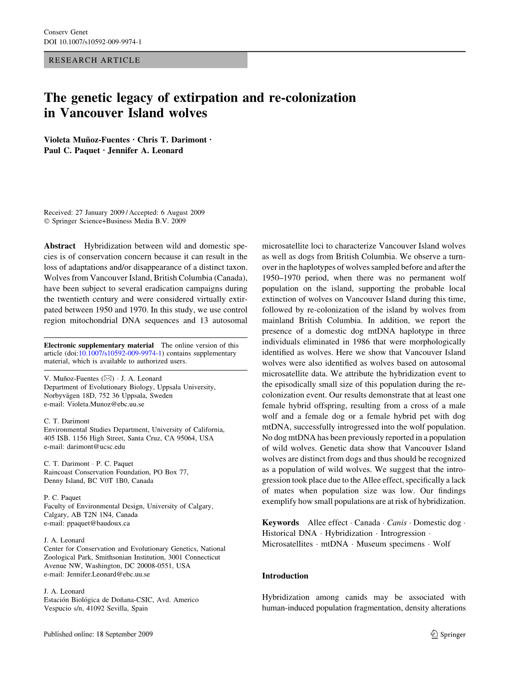 The Genetic Legacy of Extirpation and Re-Colonization in Vancouver Island Wolves