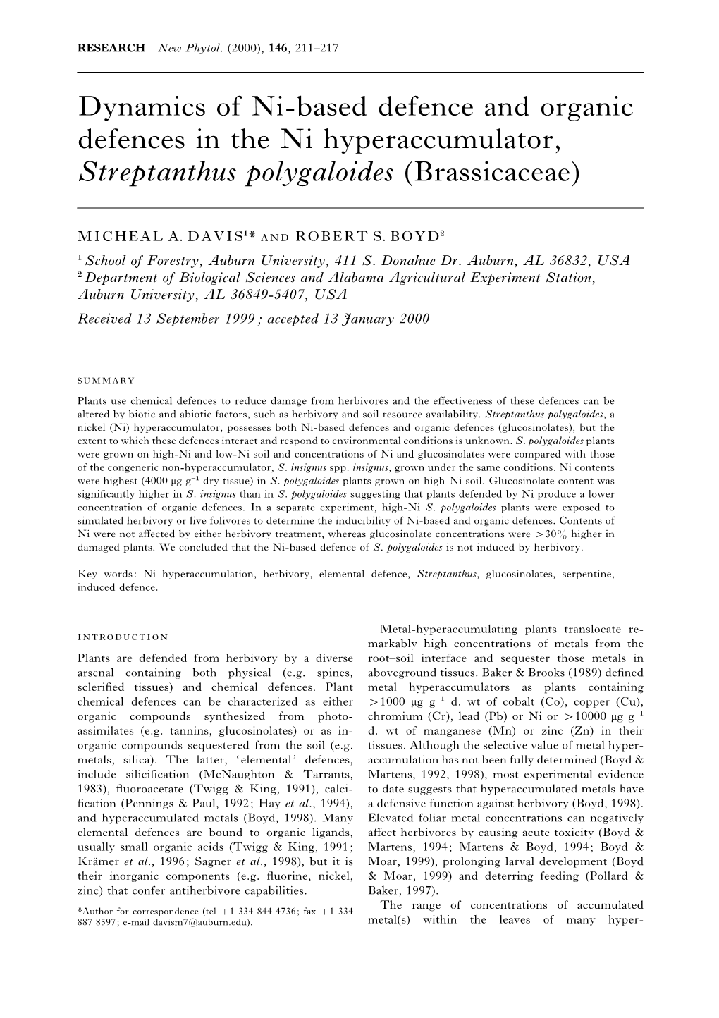 Dynamics of Ni-Based Defence and Organic Defences in the Ni Hyperaccumulator, Streptanthus Polygaloides (Brassicaceae)