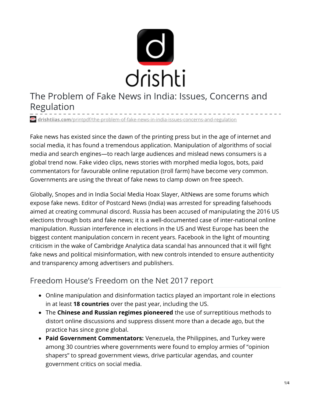 The Problem of Fake News in India: Issues, Concerns and Regulation