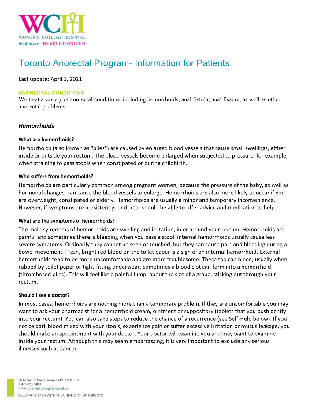 Toronto Anorectal Program- Information for Patients