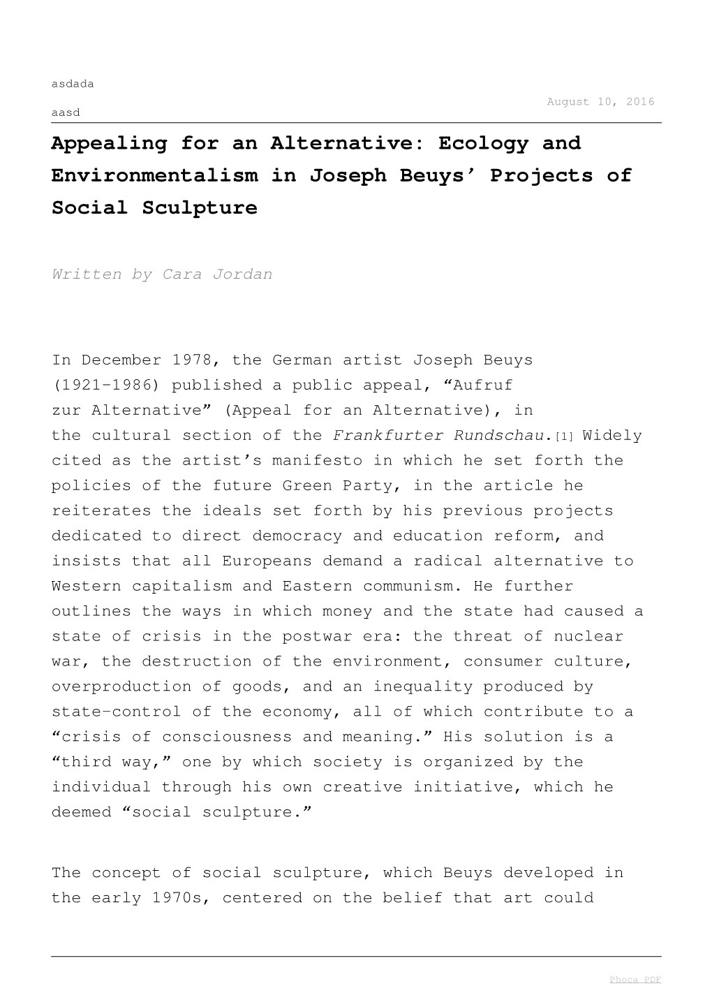 Ecology and Environmentalism in Joseph Beuys’ Projects of Social Sculpture