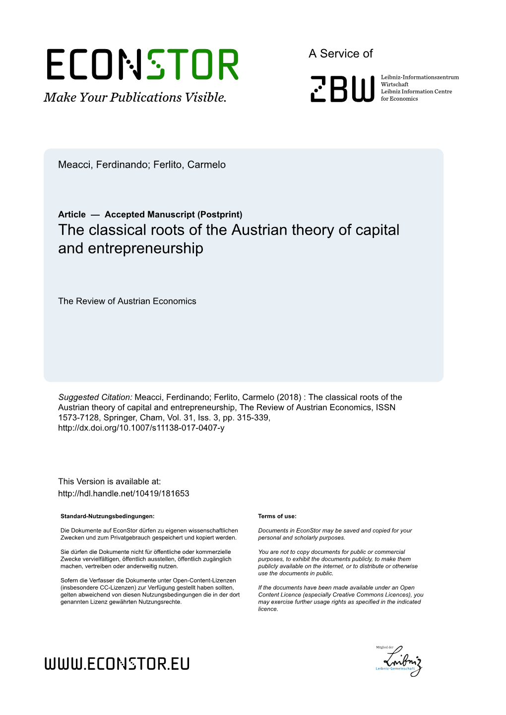 The Classical Roots of the Austrian Theory of Capital and Entrepreneurship