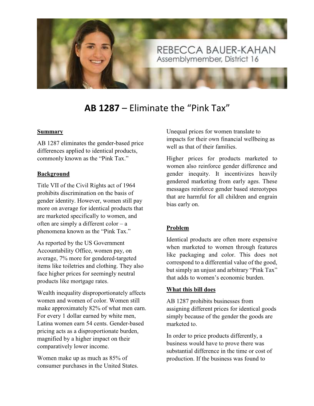 AB 1287 – Eliminate the “Pink Tax”