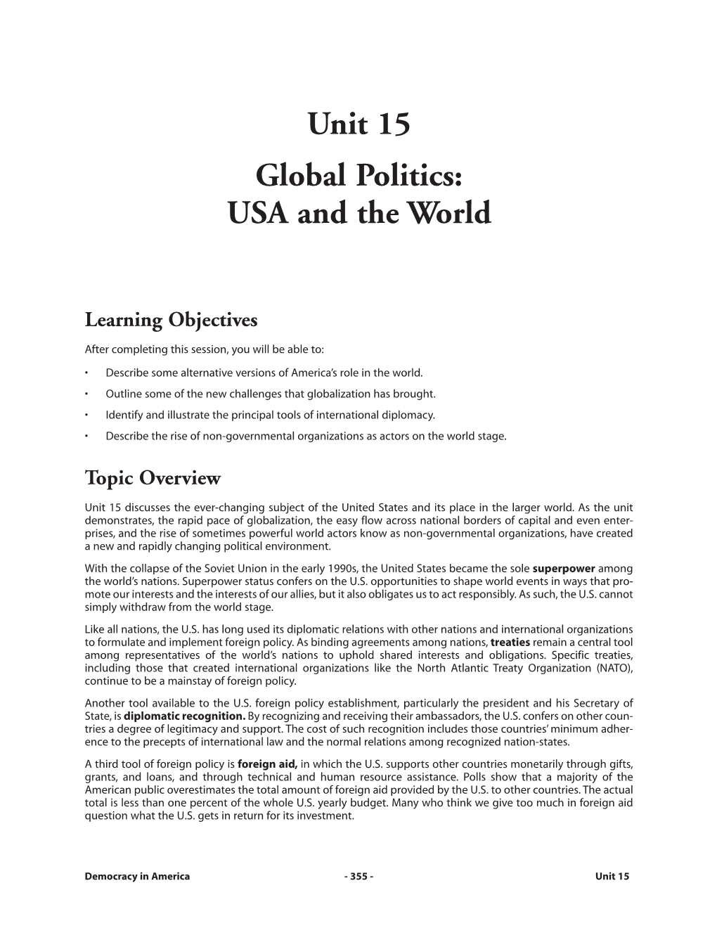 Unit 15 Global Politics: USA and the World