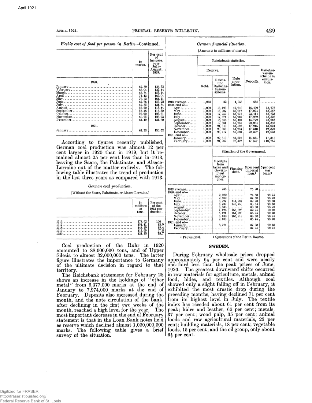 German Coal Production Was Almost 12 Per Cent Larger in 1920 Than in 1919, but It Re- Situation of the Government