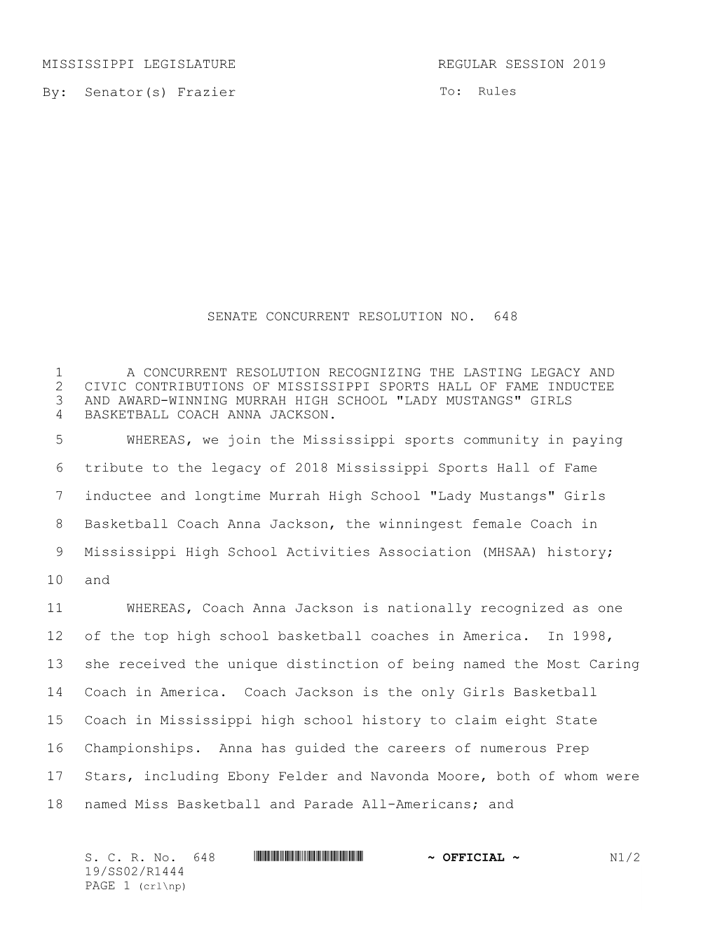 MISSISSIPPI LEGISLATURE REGULAR SESSION 2019 By