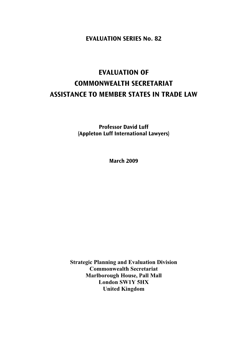 Evaluation of Commonwealth Secretariat Assistance to Member States in Trade Law