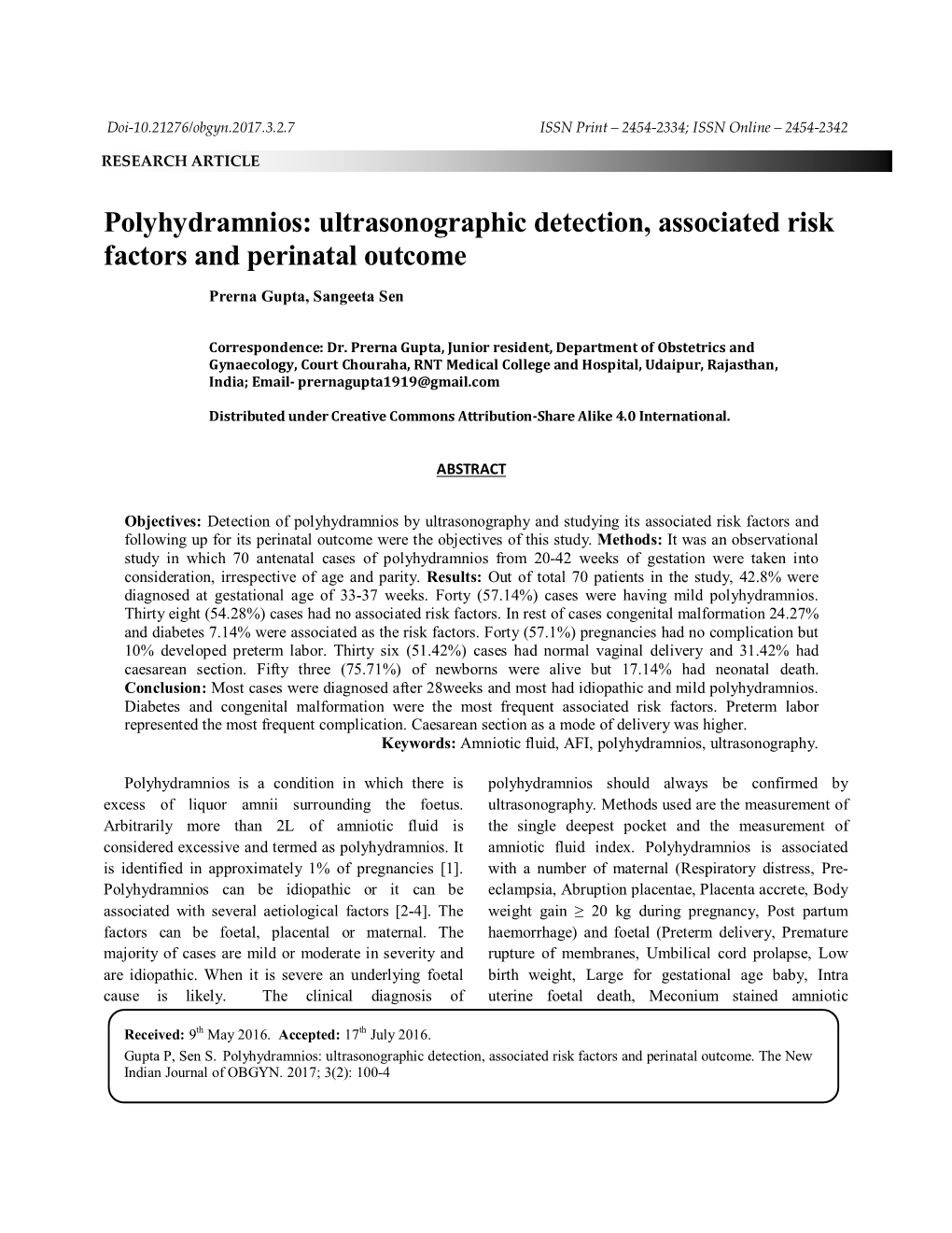 Polyhydramnios: Ultrasonographic Detection, Associated Risk Factors and Perinatal Outcome
