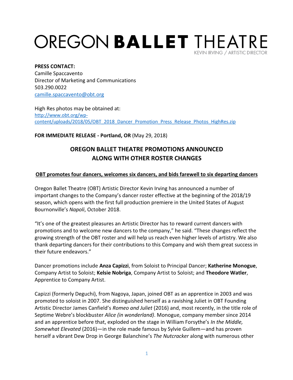 OBT Dancer Promotions Announced Press Release