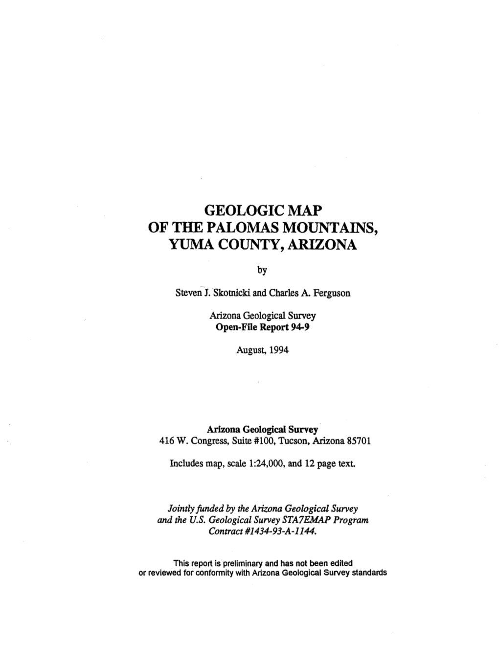 Geologic Map of the Palomas Mountains, Yuma County, Arizona