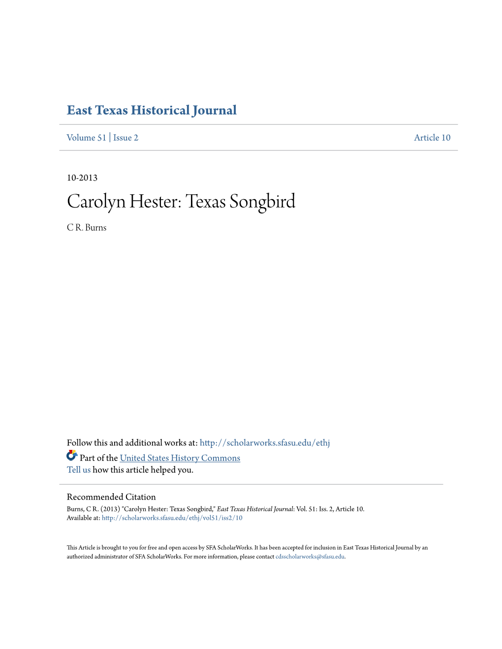 Carolyn Hester: Texas Songbird C R