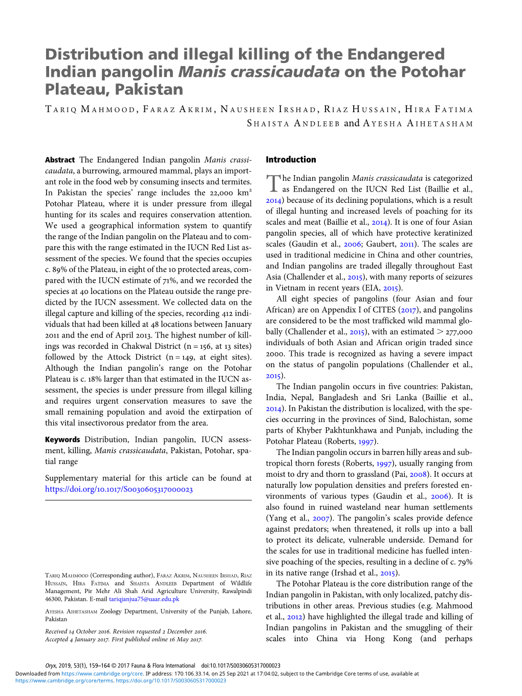 Distribution and Illegal Killing of the Endangered Indian Pangolin Manis Crassicaudata on the Potohar Plateau, Pakistan