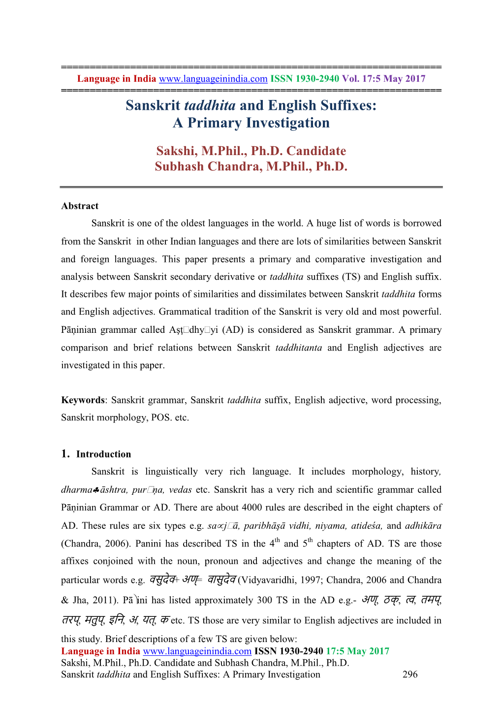 Sanskrit Taddhita and English Suffixes: a Primary Investigation