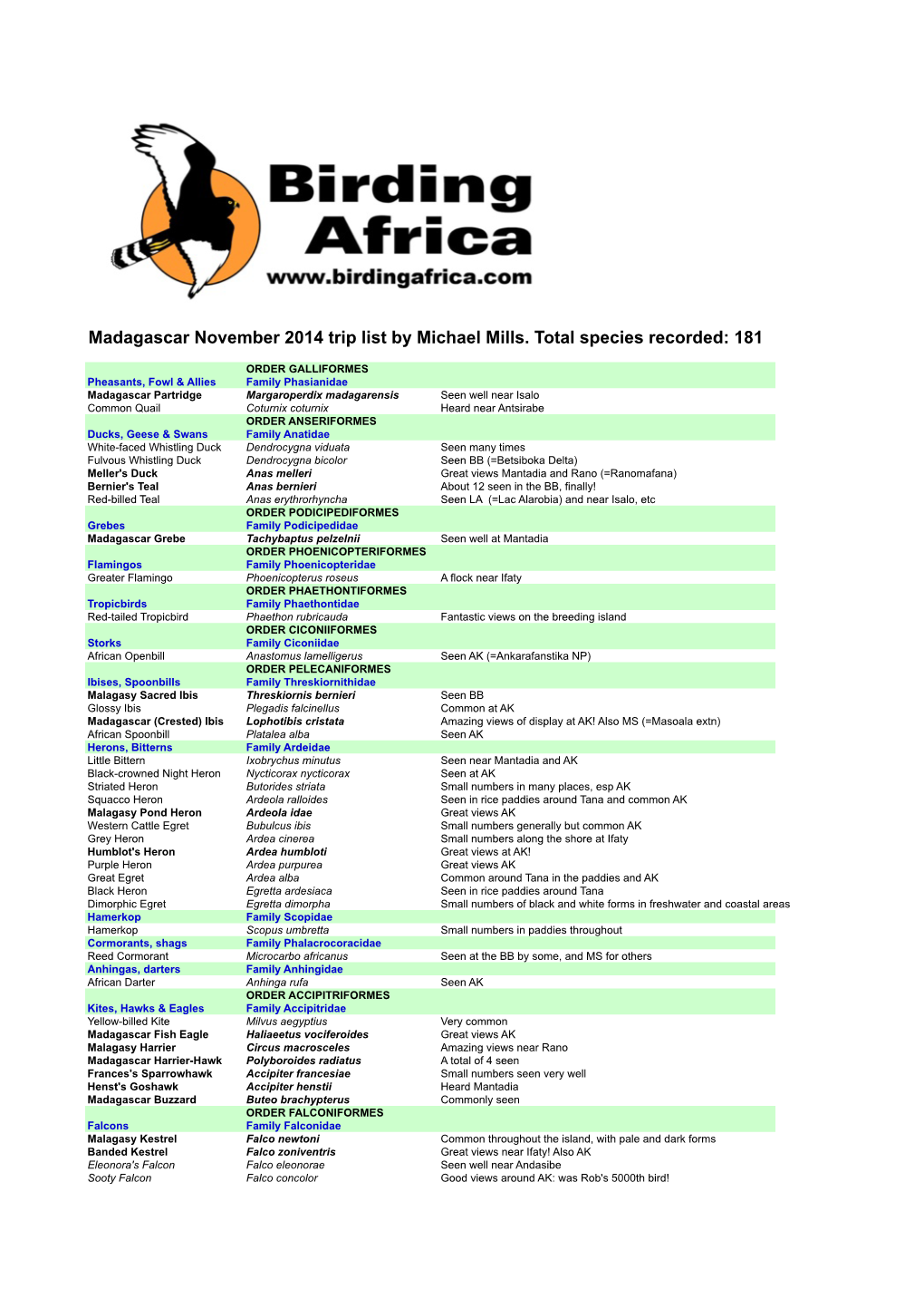 Madagascar November 2014 Trip List by Michael Mills. Total Species Recorded: 181