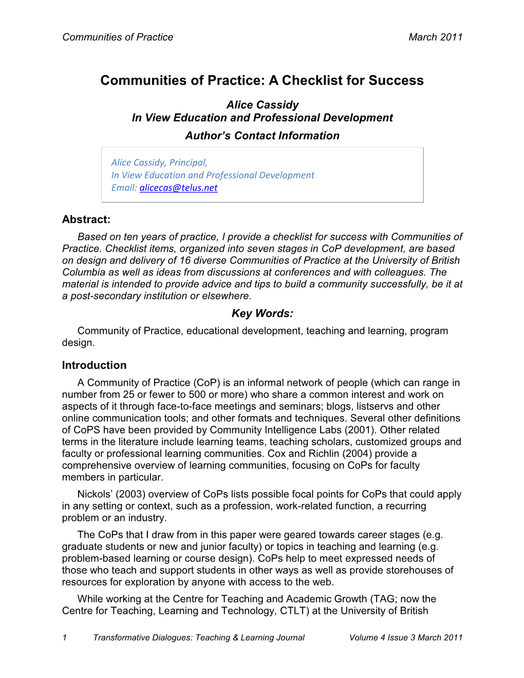 Communities of Practice: a Checklist for Success