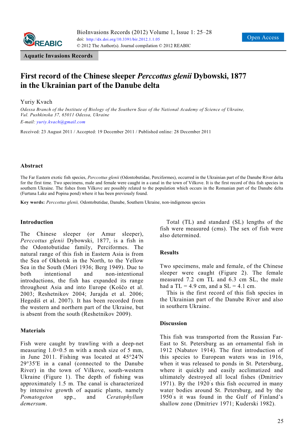 First Record of the Chinese Sleeper Perccottus Glenii Dybowski, 1877 in the Ukrainian Part of the Danube Delta