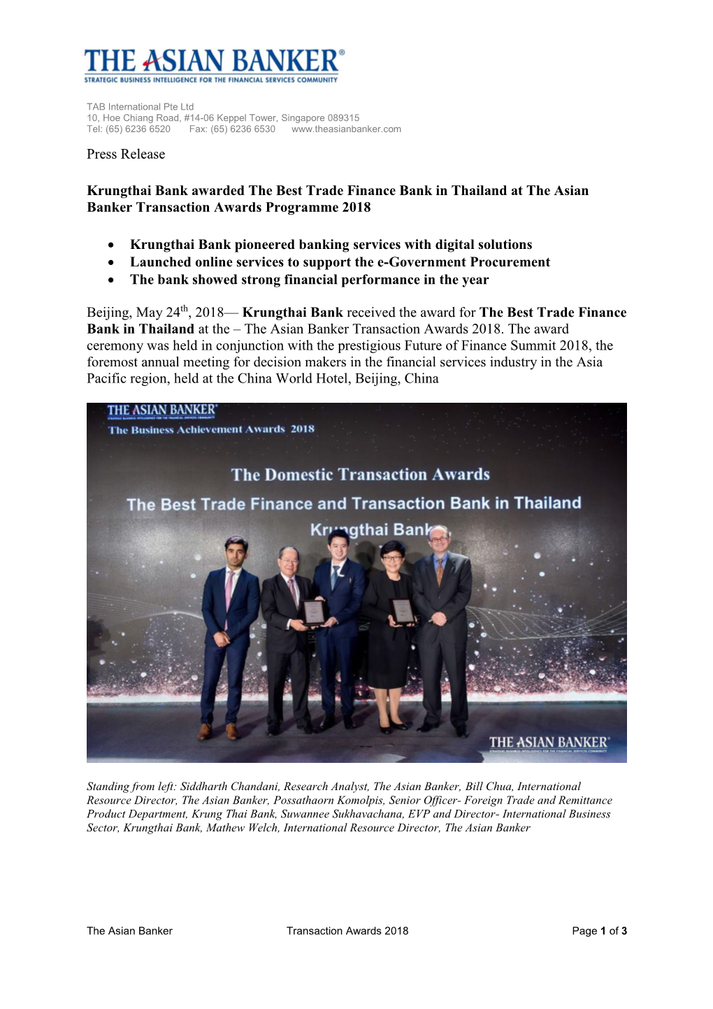 Press Release Krungthai Bank Awarded the Best Trade Finance