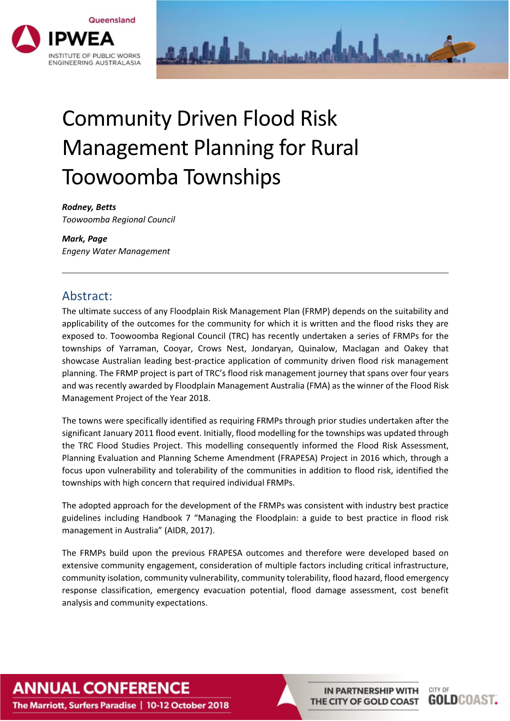 Community Driven Flood Risk Management Planning for Rural Toowoomba Townships
