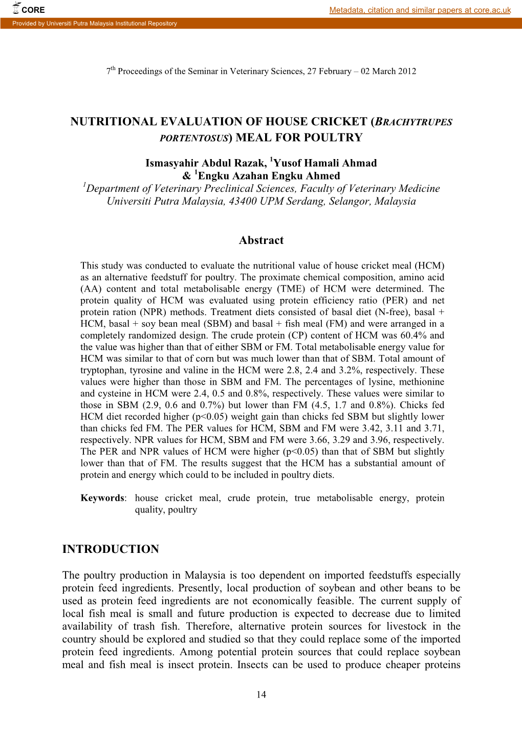 Nutritional Evaluation of House Cricket (Brachytrupes Portentosus) Meal for Poultry