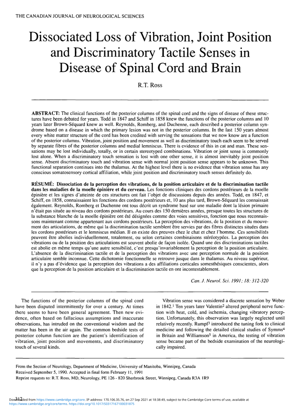 Dissociated Loss of Vibration, Joint Position and Discriminatory Tactile Senses in Disease of Spinal Cord and Brain