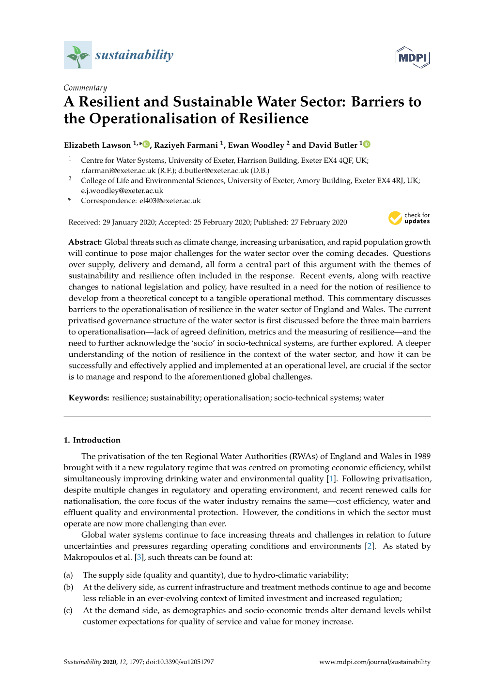 A Resilient and Sustainable Water Sector: Barriers to the Operationalisation of Resilience