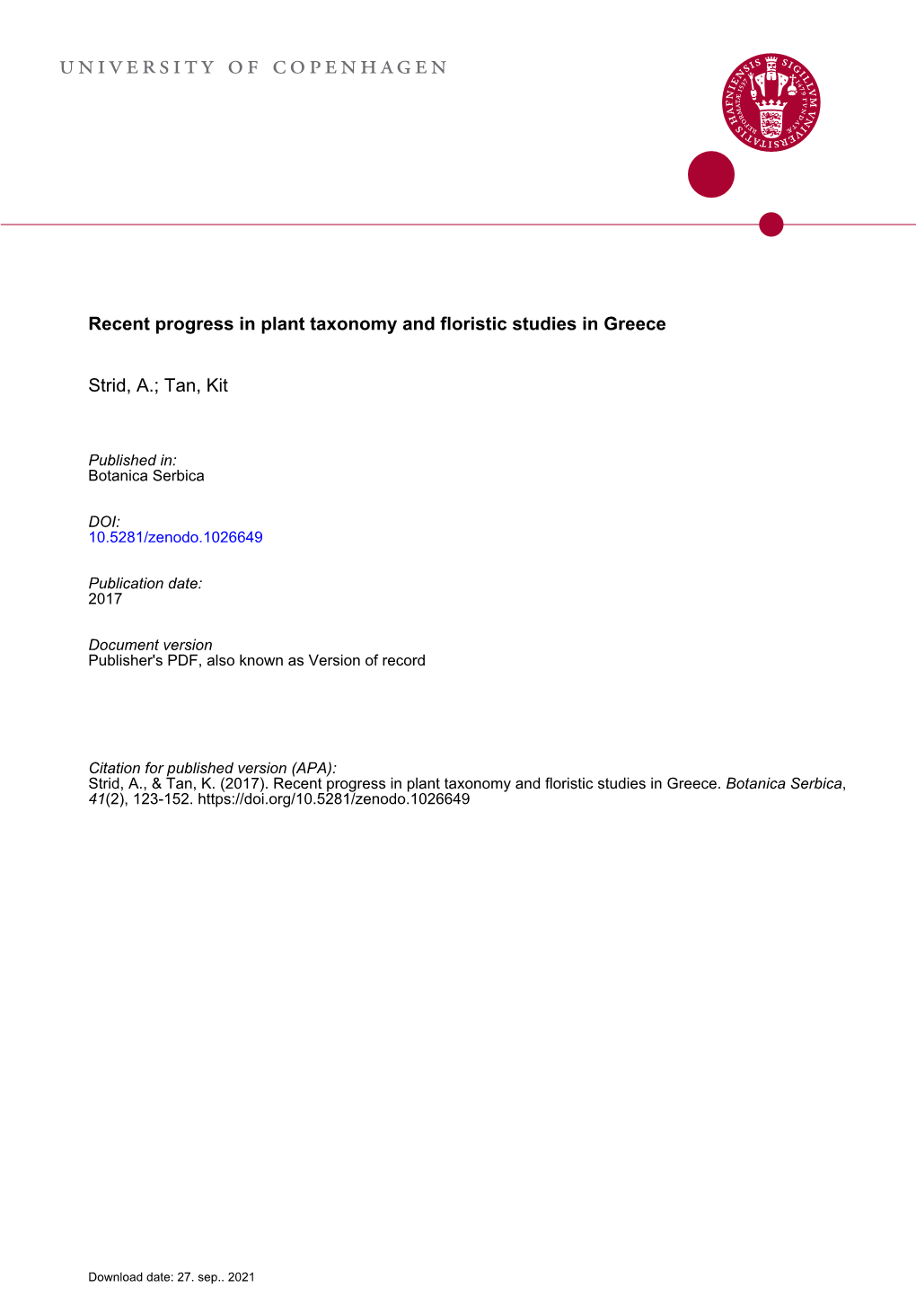 Recent Progress in Plant Taxonomy and Floristic Studies in Greece