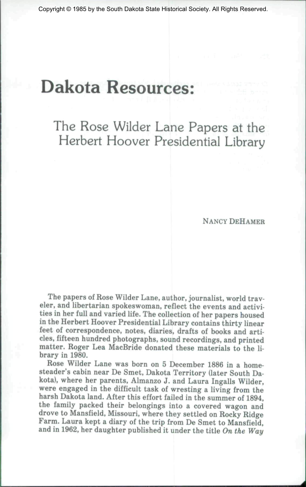 Dakota Resources: the Rose Wilder Lane Papers at the Herbert Hoover