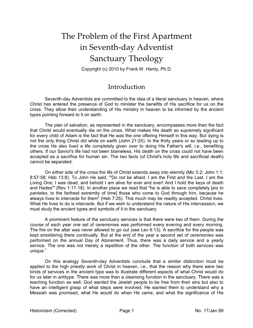 The Problem of the First Apartment in Seventh-Day Adventist Sanctuary Theology