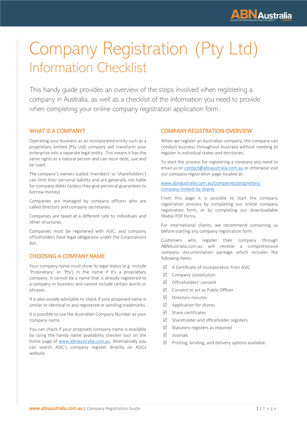 Company Registration (Pty Ltd) Information Checklist