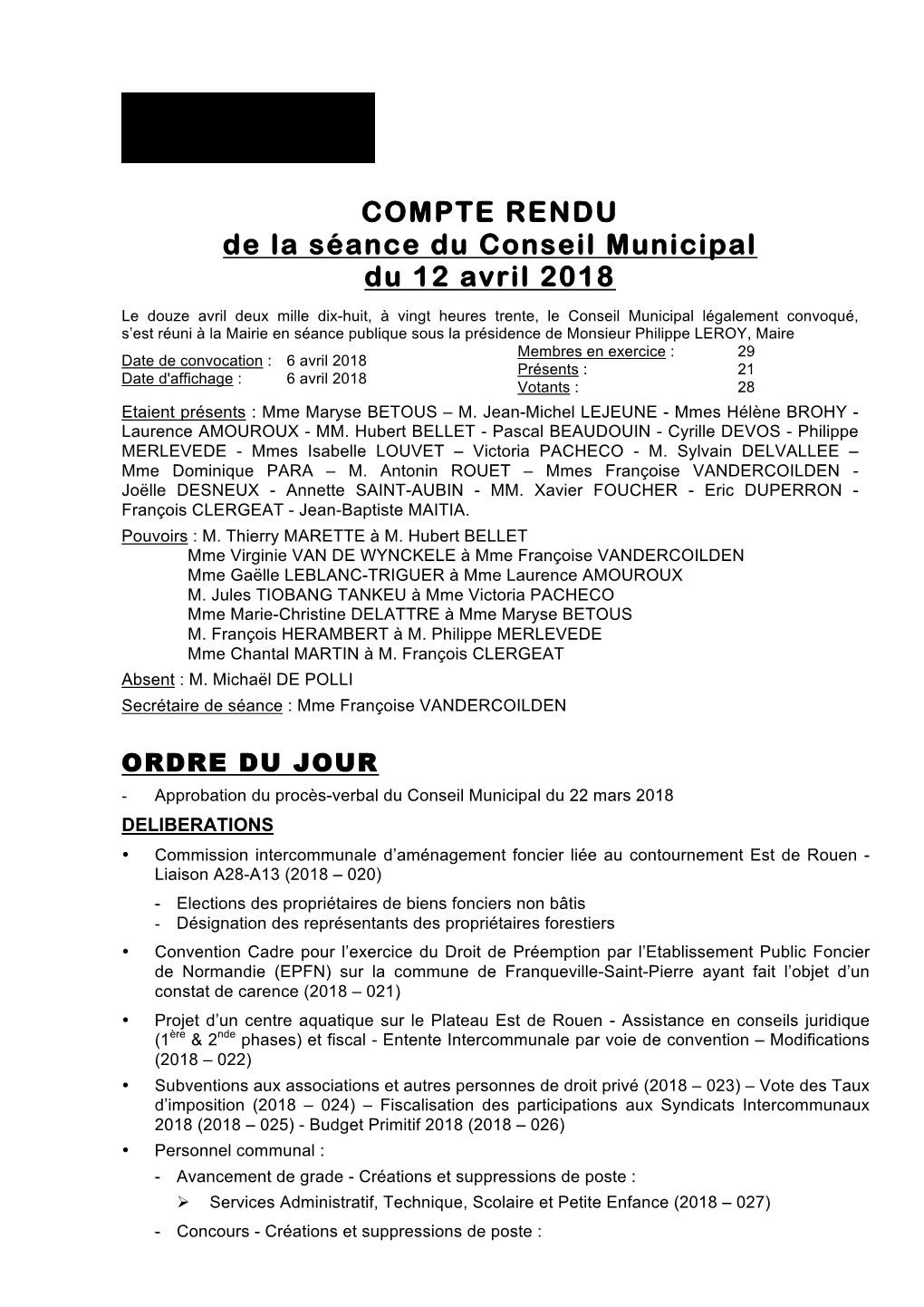 COMPTE RENDU De La Séance Du Conseil Municipal Du 12 Avril 2018
