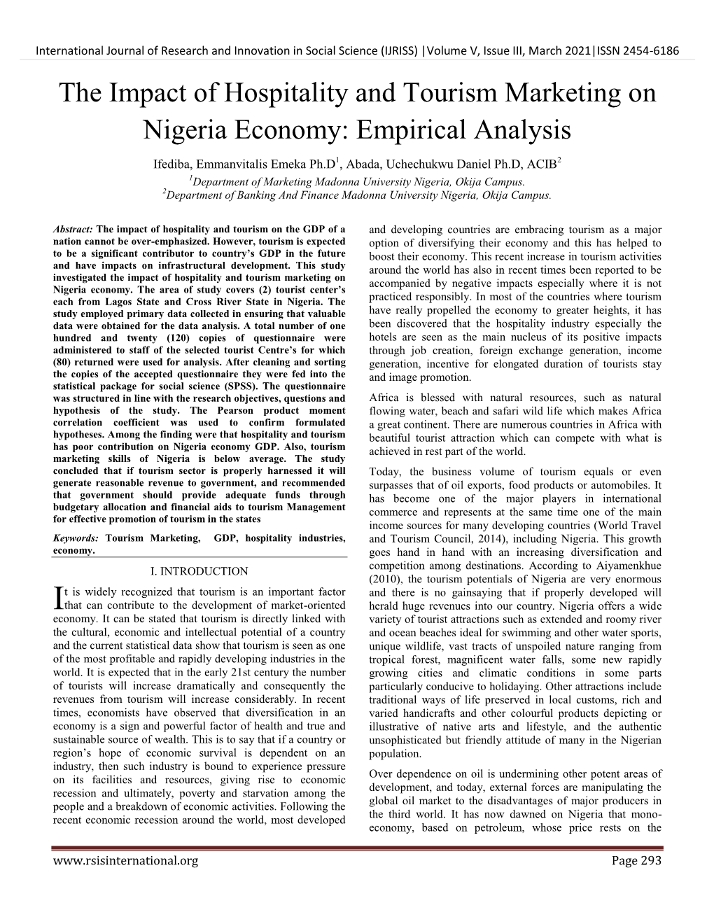 The Impact of Hospitality and Tourism Marketing on Nigeria Economy: Empirical Analysis