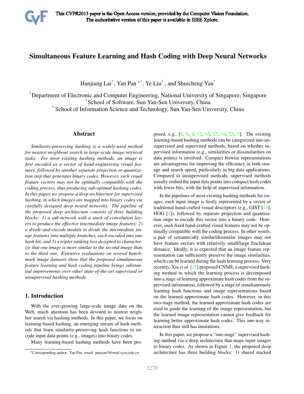 Simultaneous Feature Learning and Hash Coding with Deep Neural Networks