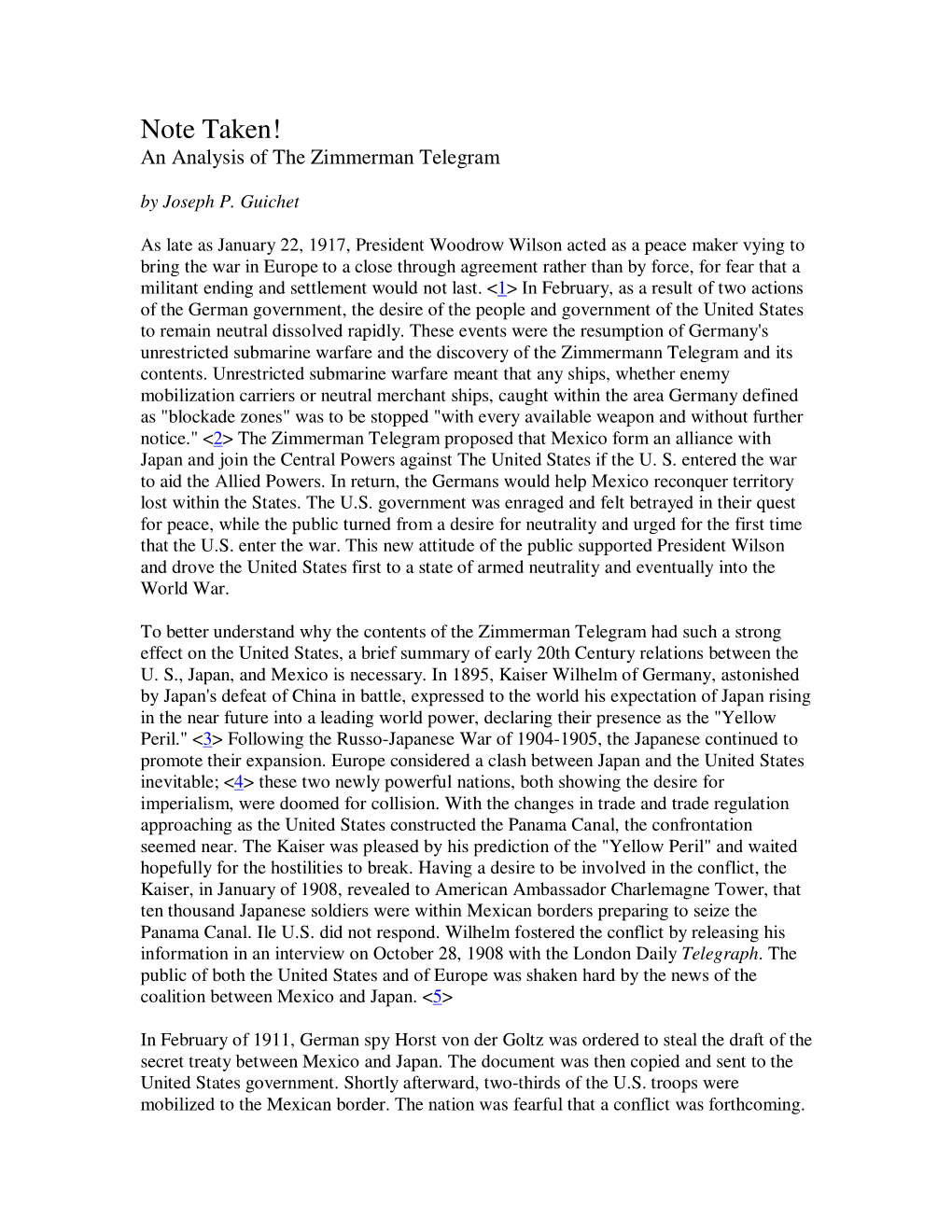 Note Taken! an Analysis of the Zimmerman Telegram by Joseph P