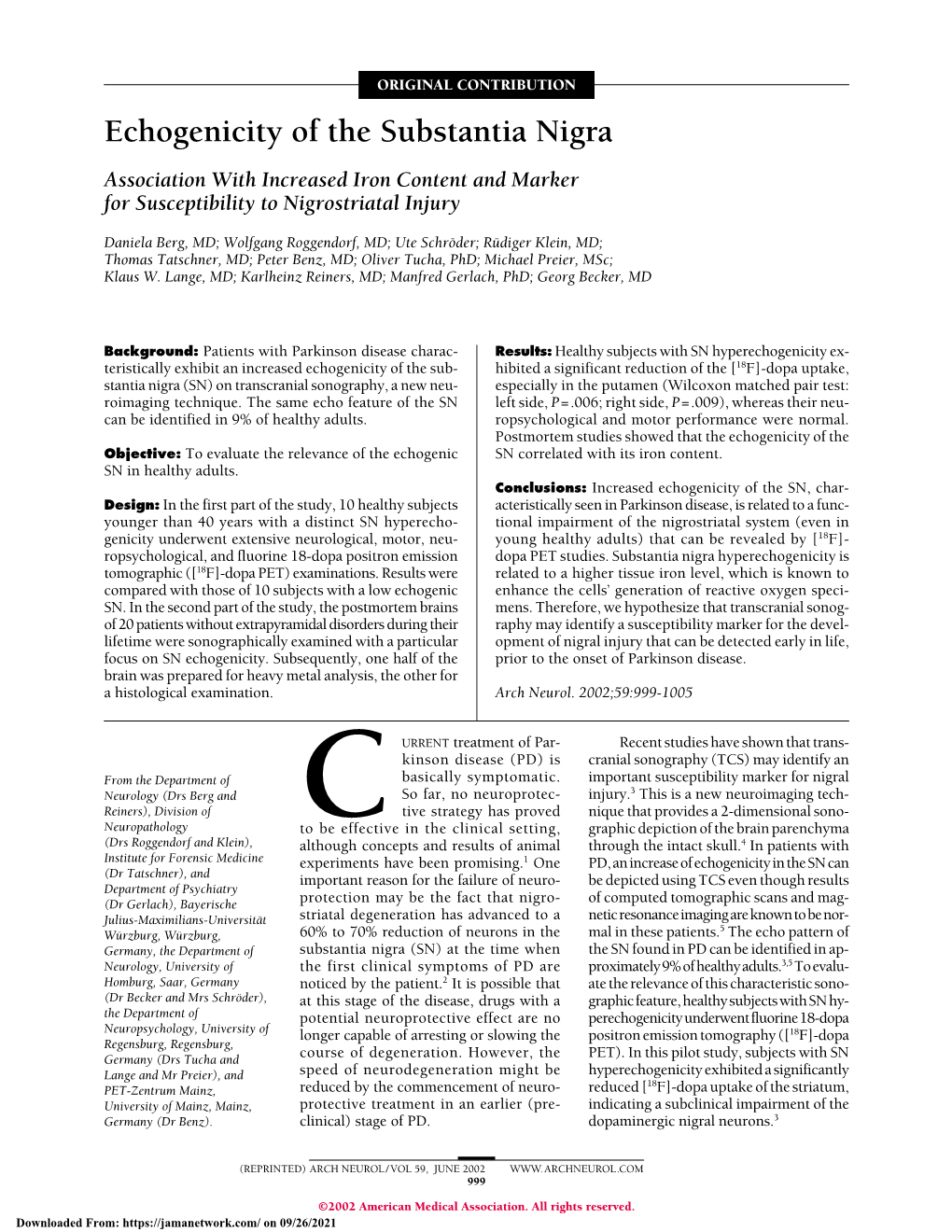 Echogenicity of the Substantia Nigra: Association with Increased Iron