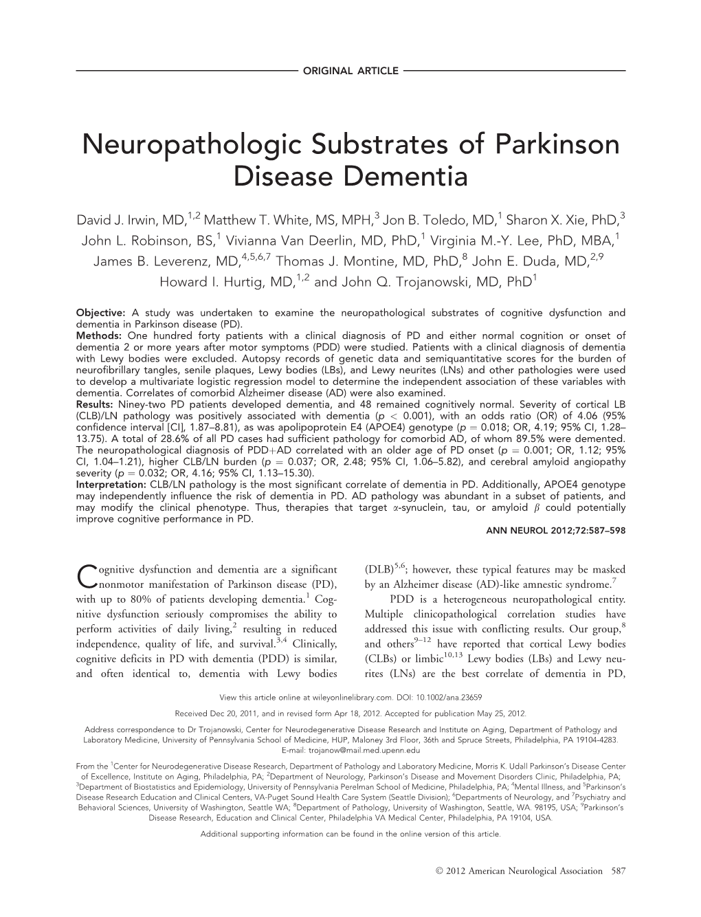 Neuropathologic Substrates of Parkinson Disease Dementia