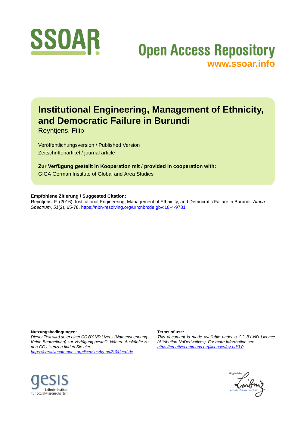 Institutional Engineering, Management of Ethnicity, and Democratic Failure in Burundi Reyntjens, Filip