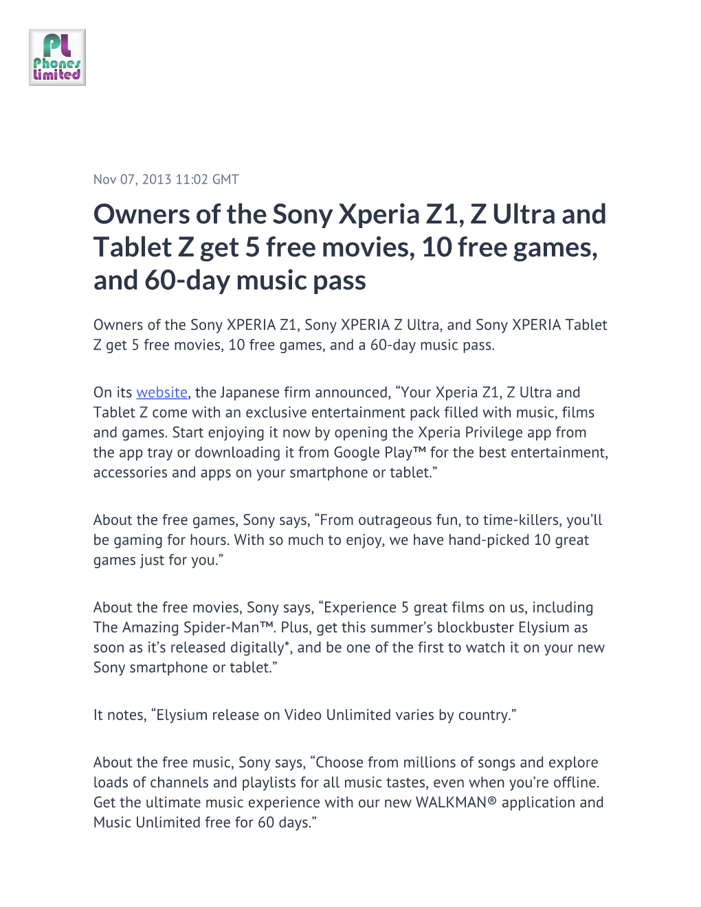 Owners of the Sony Xperia Z1, Z Ultra and Tablet Z Get 5 Free Movies, 10 Free Games, and 60-Day Music Pass