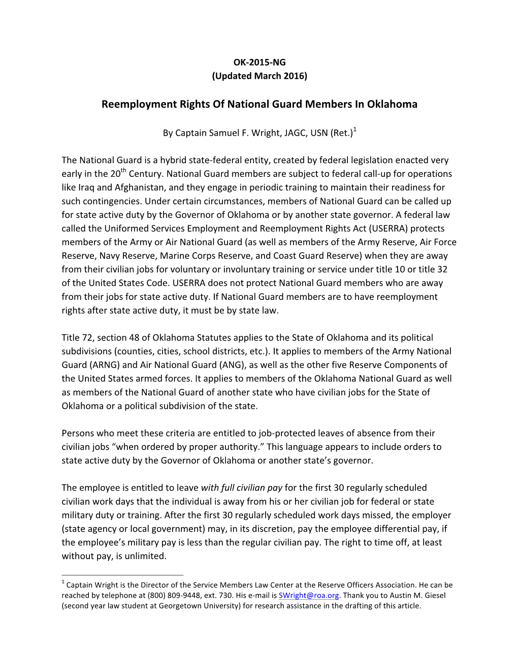 Reemployment Rights of National Guard Members in Oklahoma