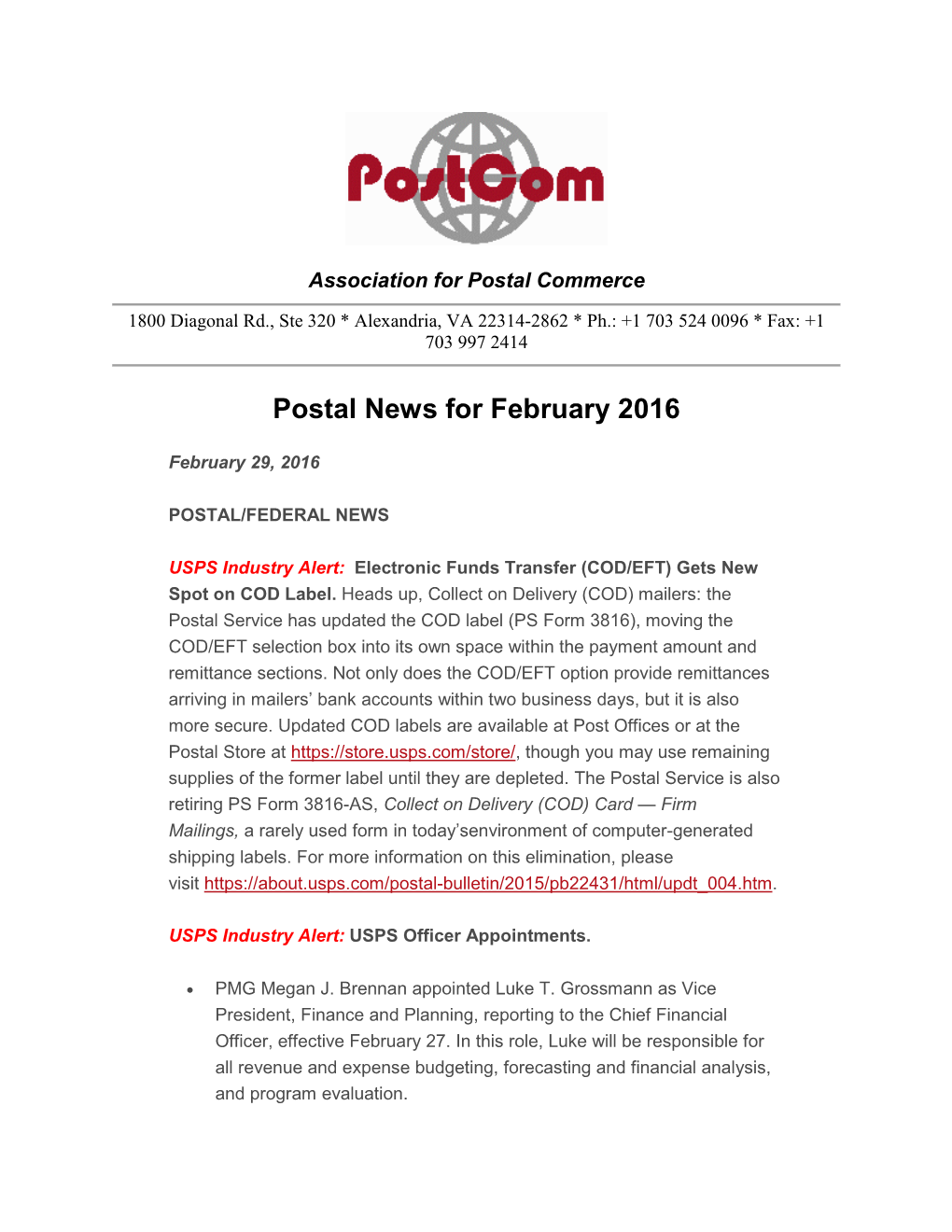 Postal News for February 2016